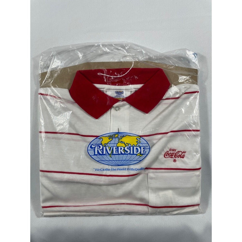 New VTG Riverside Coca-Cola Striped Polo Shirt Mens Medium White Red Made in USA